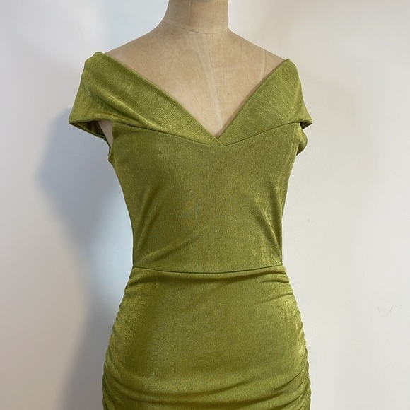 Y2K Soft Grunge Mini Dress Small 00s Green Ruched Glow Passion Spandex Brat Rave - Picture 3 of 13